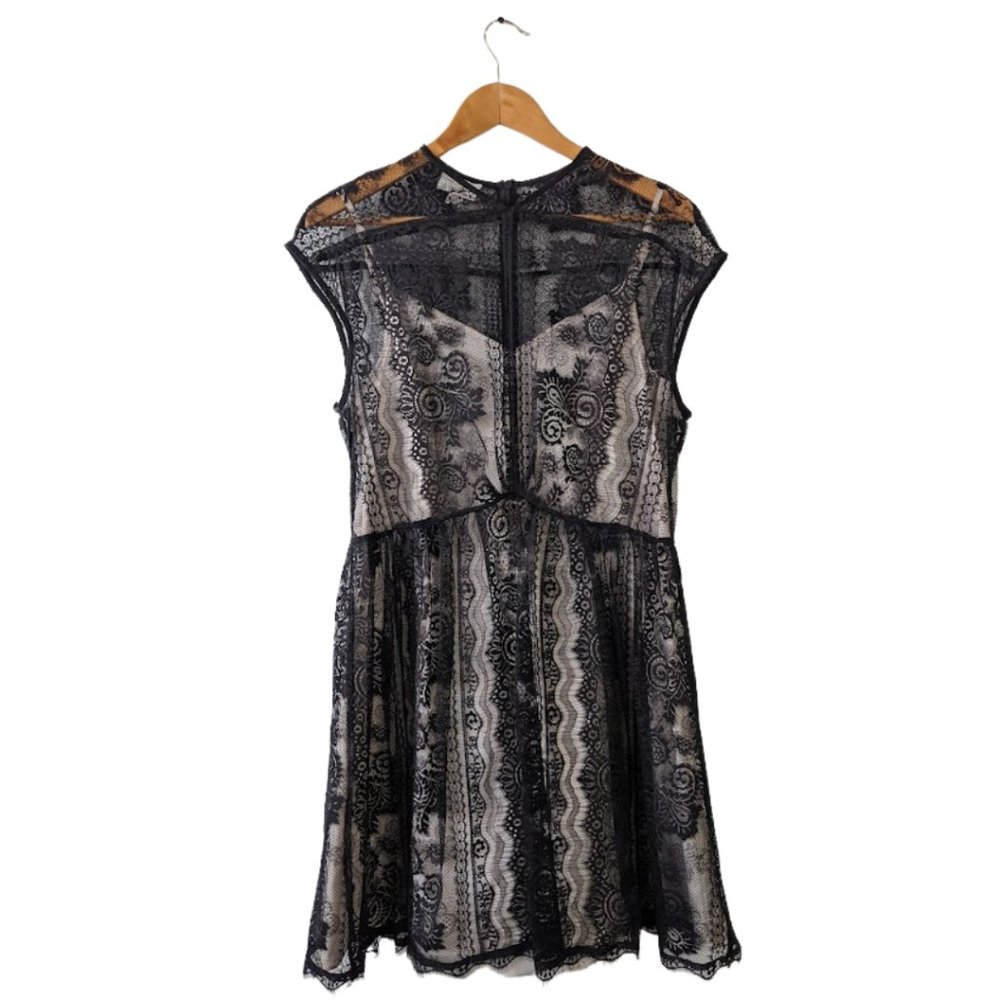 Donna Morgan Black Lace Cocktail Dress with Nude Underlay Size 12